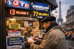 Man buying a Loto and EuroMillions ticket at a FDJ kiosk in Paris with the Eiffel Tower in the background".